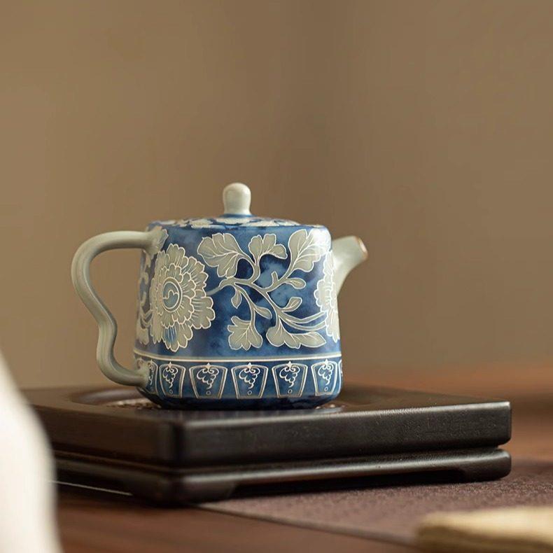 仿宋汝窑元青花四方壶家用复古泡茶壶高档防烫陶瓷泡茶器功夫茶具