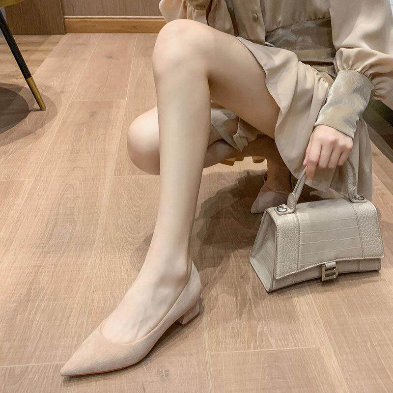 店主自留新款~低跟粗跟单鞋女2025春秋季百搭尖头浅口真皮高跟鞋