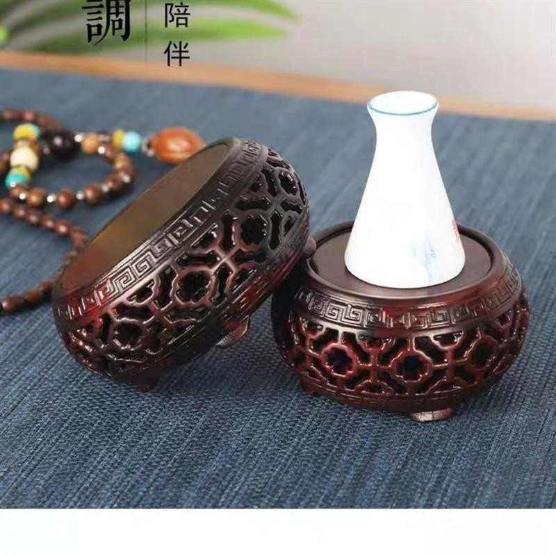 红酸枝鼓形小底座实木圆形紫砂壶盆景底托红木镂空雕刻玉石摆台无