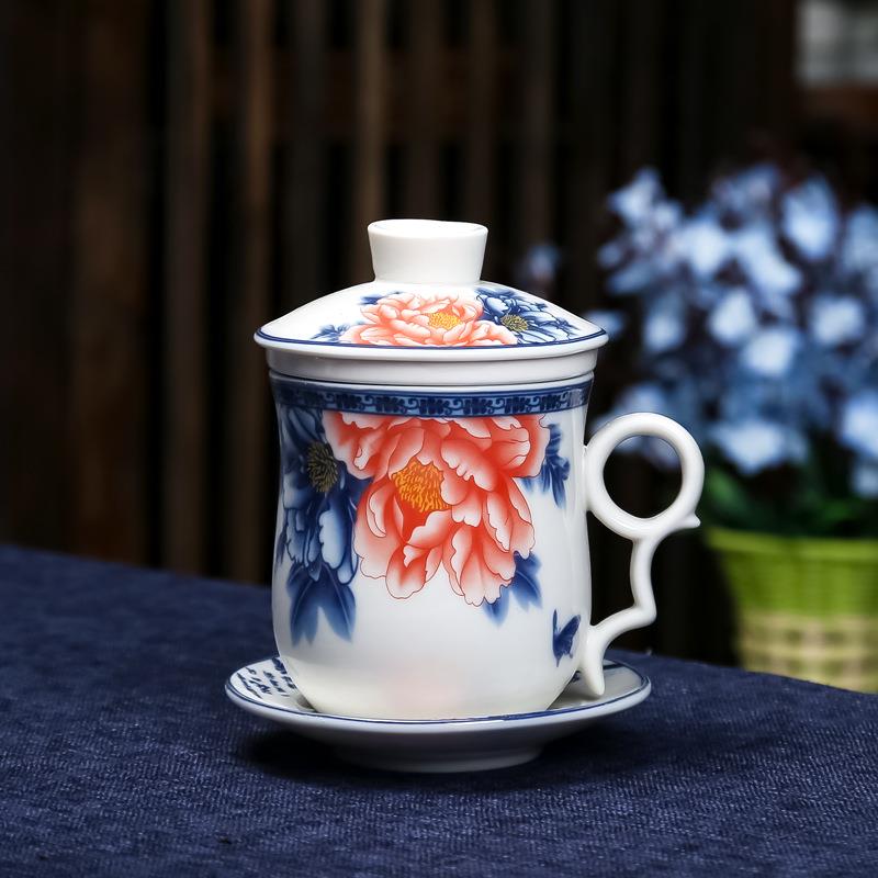 德化陶瓷办公四件套茶杯家用泡茶个人杯带盖带过滤实用老板杯