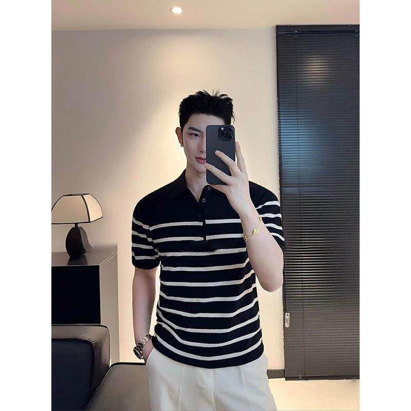 条纹polo衫短袖t恤男撞色冰丝针织高级感天丝莱赛尔黑色商务修身