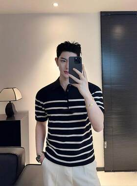条纹polo衫短袖t恤男撞色冰丝针织高级感天丝莱赛尔黑色商务修身