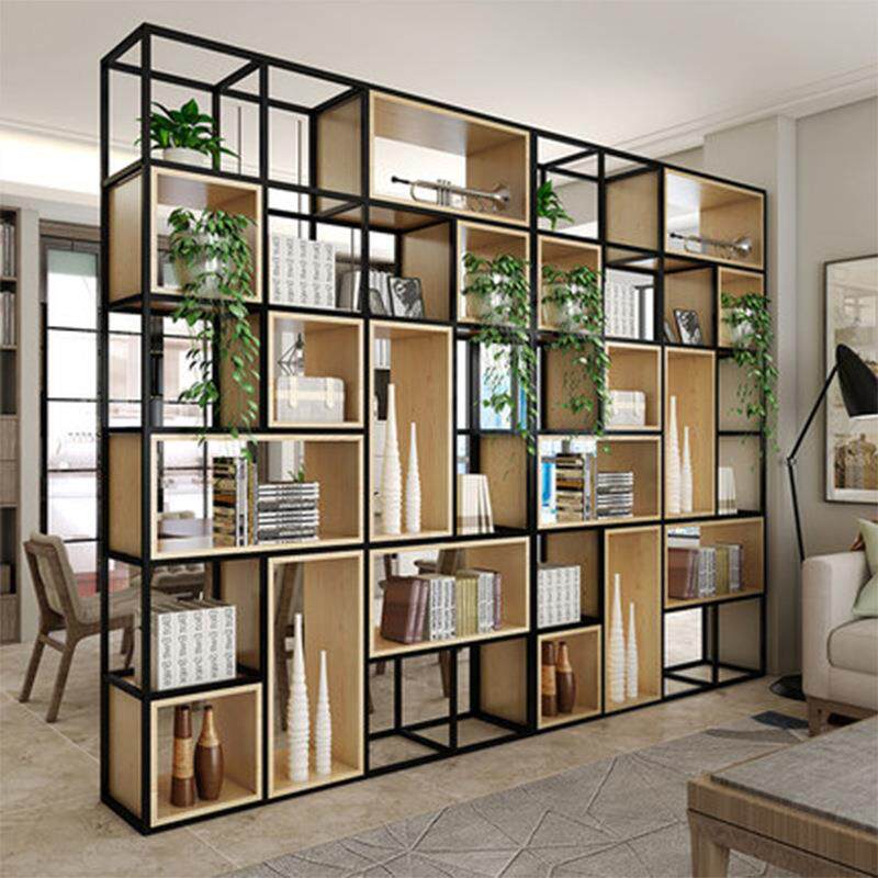 铁艺落地式实木置物架居家客厅书房隔断式摆放架办公室物品展示架