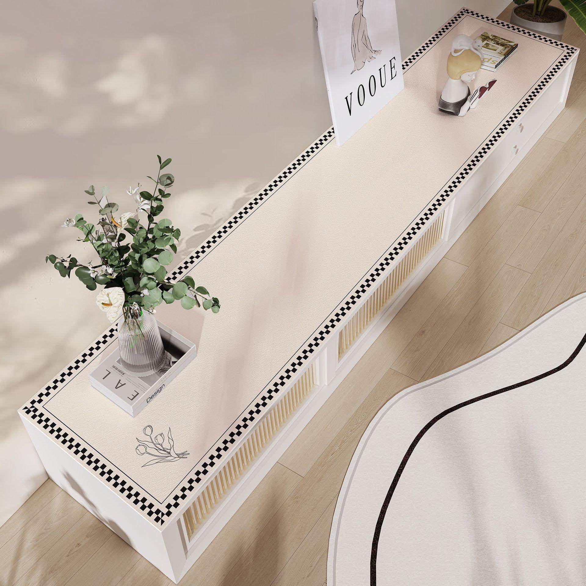 轻奢高级感棋盘格电视柜桌垫长条皮革防水防油餐边柜鞋柜遮丑盖,居家布艺,桌布,淘宝优惠券,粉丝福利购,淘宝优惠卷