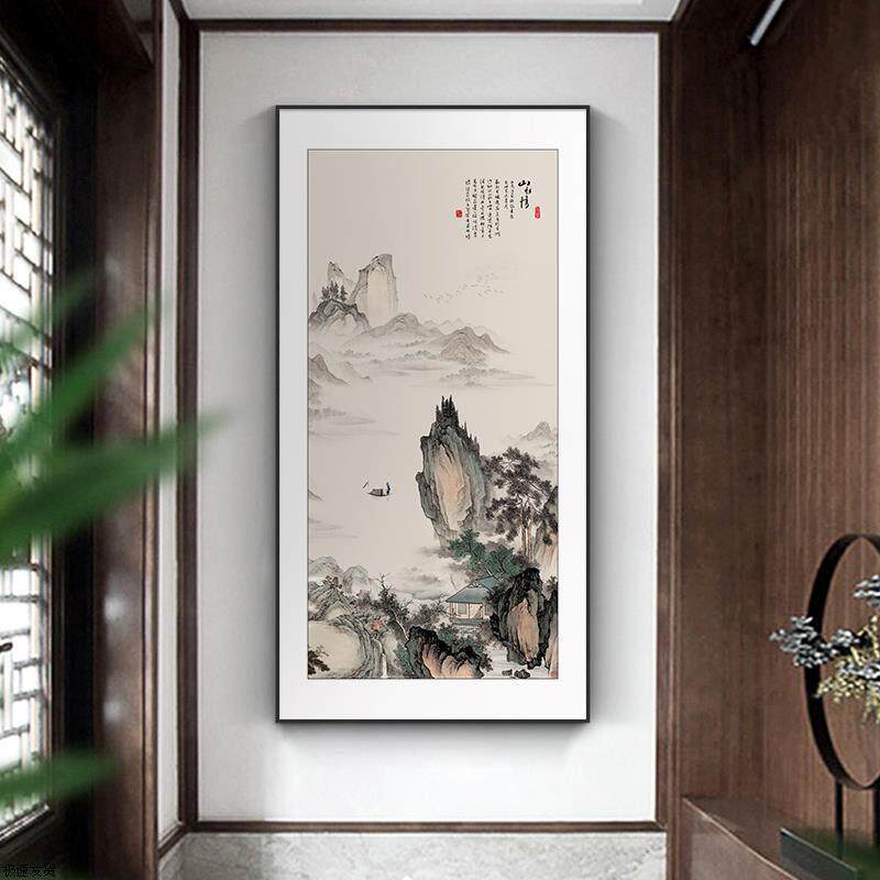 迎客松玄关装饰画新中式入户走廊过道挂画竖版茶室壁画山水画国画