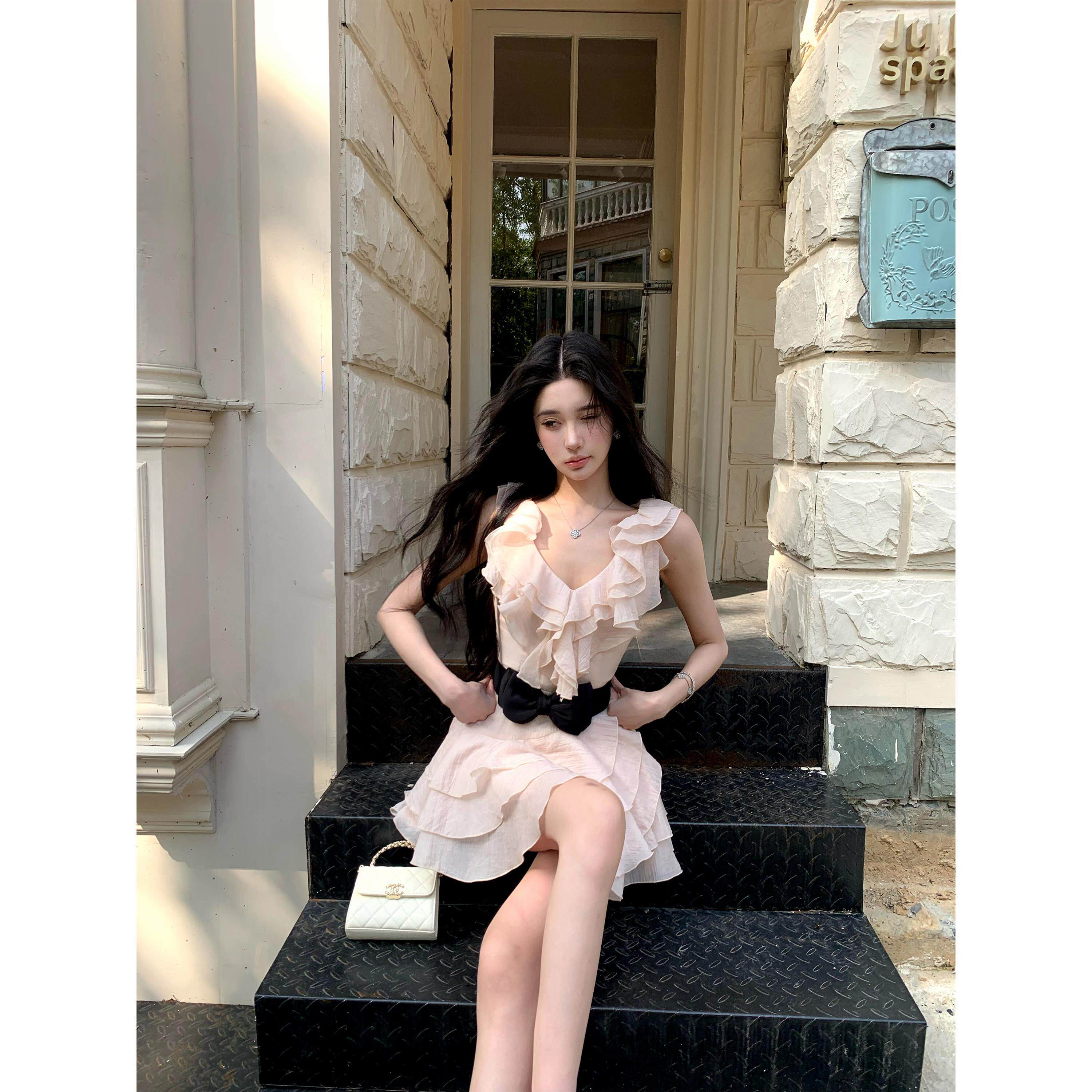 Barb Chill裸粉千金天丝洋装女夏季荷叶边温柔度假风公主蛋糕裙