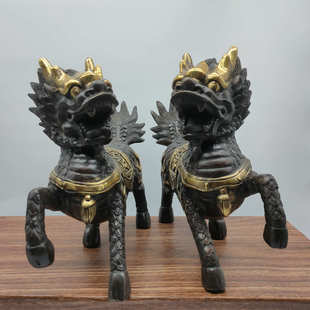 黄铜鎏金麒麟摆件仿古复古一对 家用家居摆设 大号摆件 工艺品