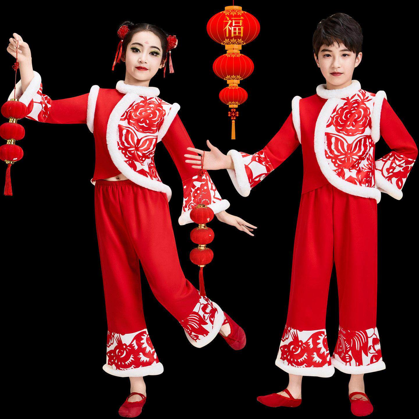 2025新款元旦儿童秧歌服女开门红演出服民族扇子舞红色喜庆打鼓服