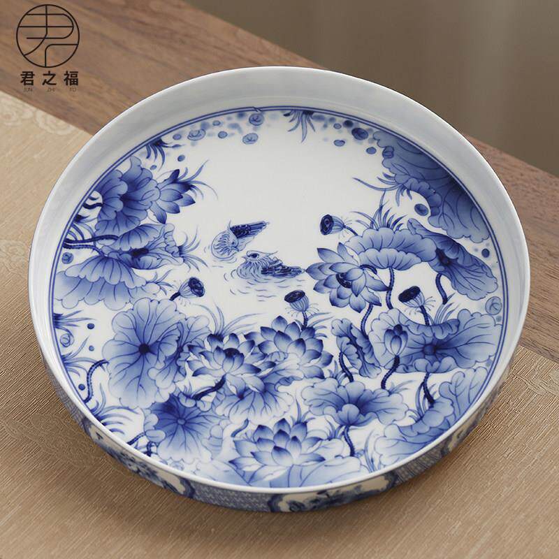 功夫茶盘陶瓷茶台家用茶具盘托 托小号干泡圆形茶海简约青花瓷茶