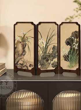 中古风墨竹小屏风桌面摆件新中式办公室茶桌玄关柜装饰品复古摆画