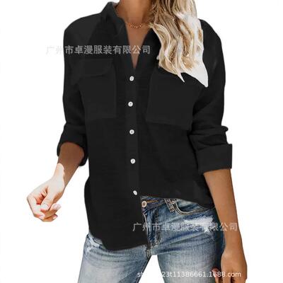 Womens Button Down V Neck Shirts Long Sleeve Blouse Roll Up