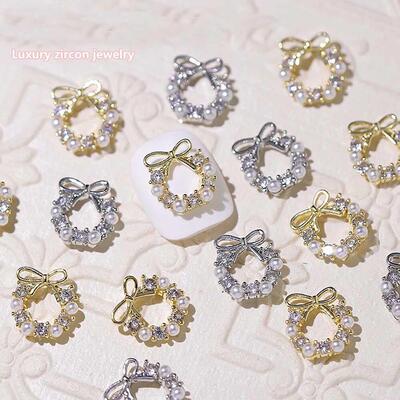 10pcs Garland Bowknot Pearl Nail Art Charm 3D Zircon Christm