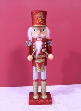 36CM胡桃夹子金粉红色圣诞节装饰工艺品打鼓国王木偶人木制工艺品