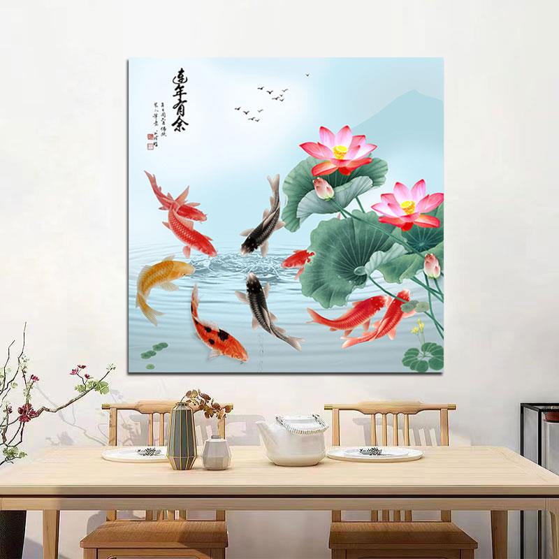 荷花九鱼图风水招财挂画新中式客厅装饰画富贵牡丹餐厅走廊墙壁画图片