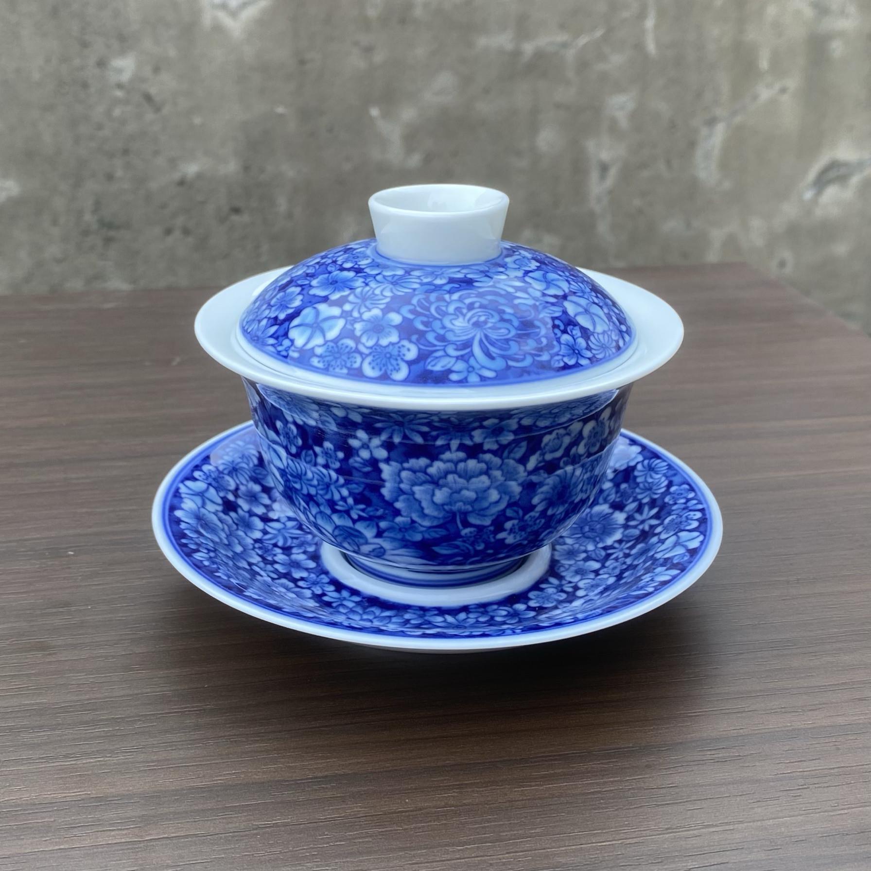 景德镇万花盖碗茶杯单个青花三才陶瓷敬茶碗功夫茶具带盖子满花茶