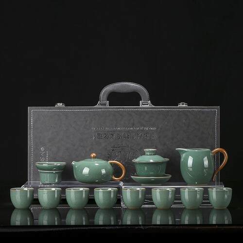 汝窑抹色茶具套装整套家用陶瓷提梁茶壶盖碗茶杯轻奢高档功夫泡茶