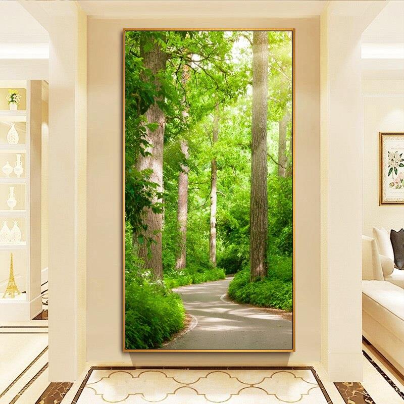 一路高升入户玄关装饰画绿色树林走廊过道挂画客厅竖版风景壁画
