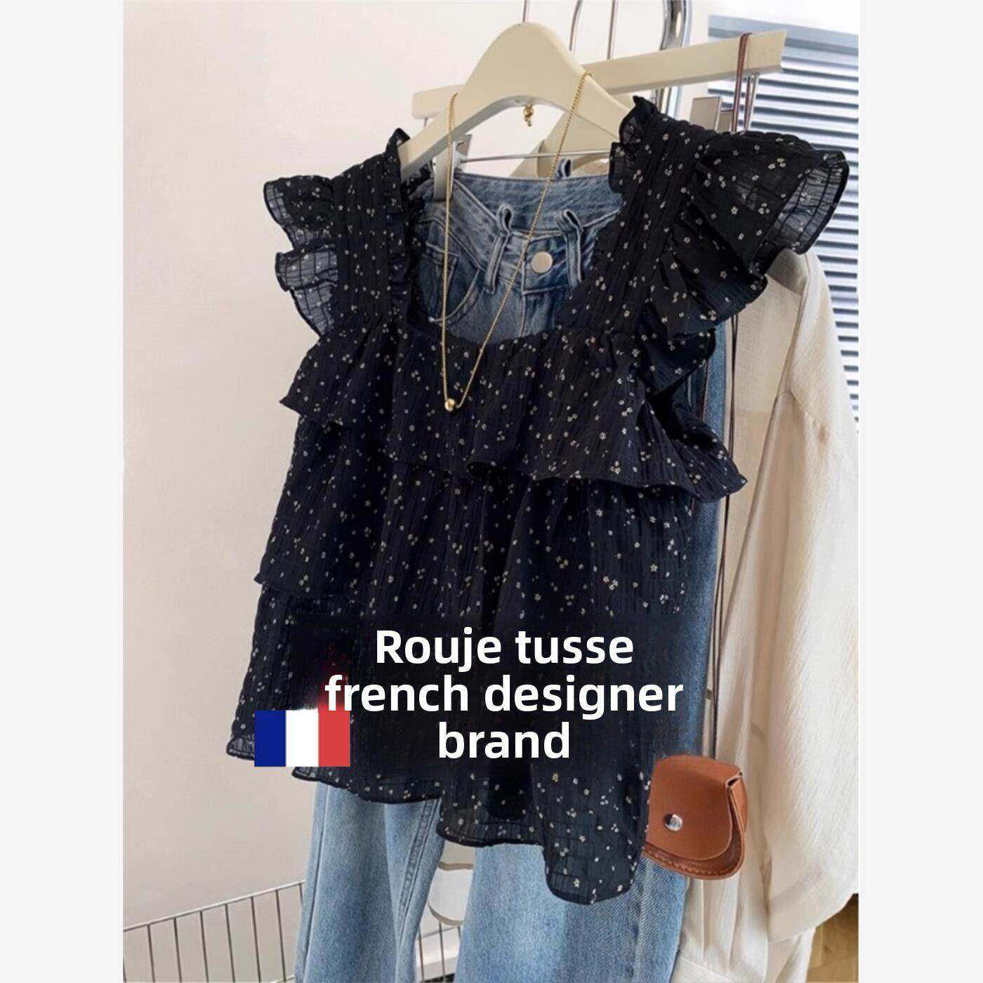 Rouje tusse黑色方领正肩短袖t恤衬衫女夏季设计感宽松短款衬衣潮
