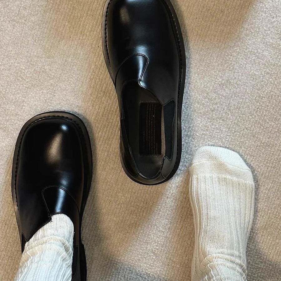 男鞋一脚蹬懒人皮鞋潮通勤上班开车高低趾橡筋皮鞋潮男套脚德比鞋