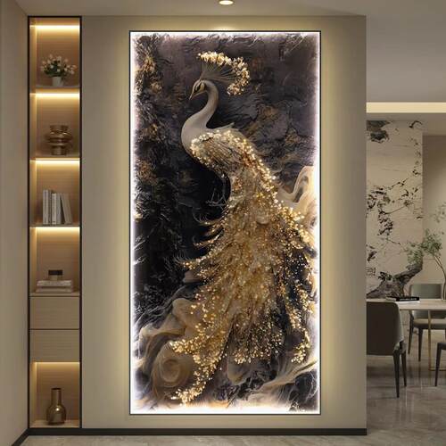 孔雀轻奢入户玄关装饰画LED灯画新款高级感晶瓷挂画走廊过道壁画