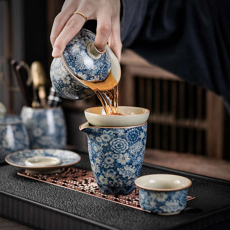 老陶泥青花瓷功夫茶具套装家用整套轻奢中式办公室盖碗泡茶壶茶杯