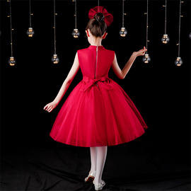 六红色诵合唱演出服表演服一童朗幼儿园装儿童，公主裙纱裙蓬蓬裙女