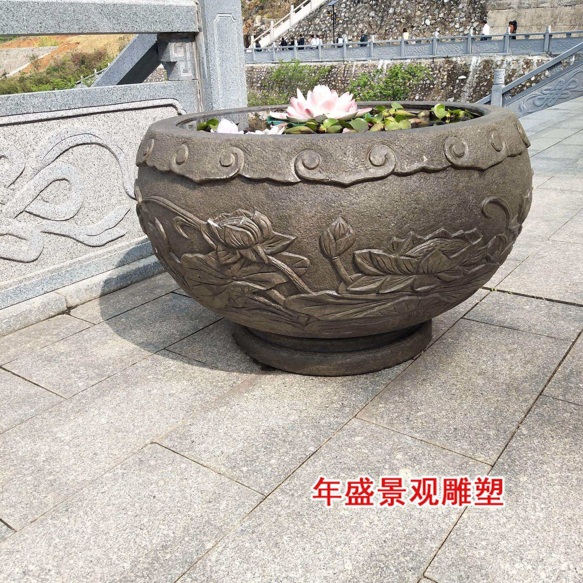 仿古石雕鱼缸水槽 青石雕刻仿古石头花盆 做旧花盆崇武雕刻
