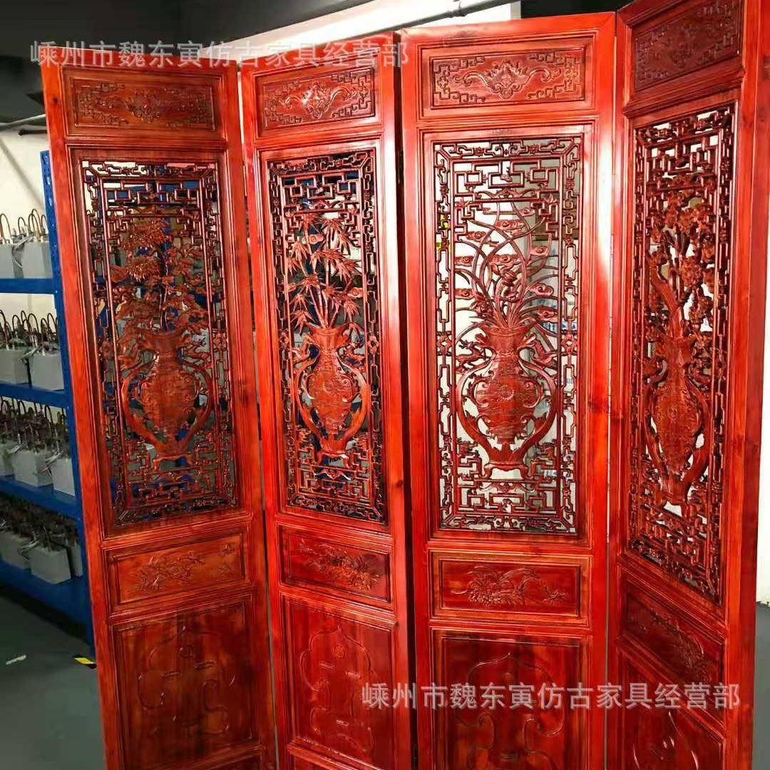 仿古工屏风木雕艺夏秋冬花瓶梅春兰竹菊根雕饰x0021隔断装折屏办