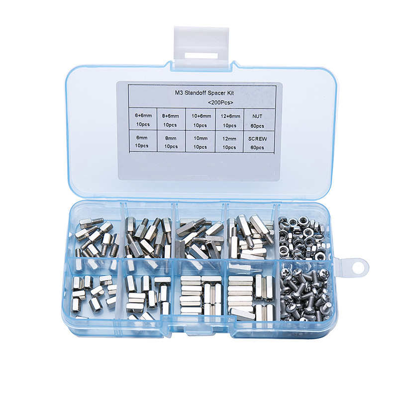 200PCS镀镍六角铜柱机箱支柱电路主板单头隔离柱螺丝螺母组合装M3