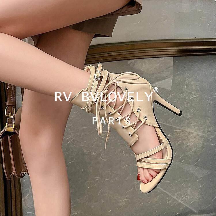 法国rv bvlovely爵士舞高跟鞋弹力交叉绑带罗马凉鞋女绑带凉鞋
