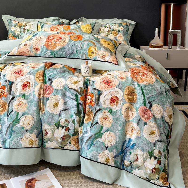 高端美式A类活性磨毛全棉四件套加厚印花被套秋冬床笠款床上用品