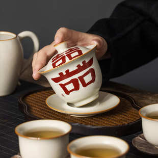 手绘汝窑喜乐三才盖碗茶杯大号带盖单个高档家用茶具泡茶碗