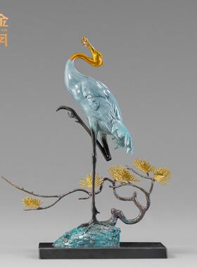 铜金岁月松鹤延年黄铜家居装饰摆件客厅玄关松鹤朝阳仙鹤摆件饰品