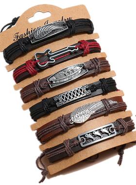 编织手錬多层男女式情侣机车覆古真皮手环朋克Bracelet leather