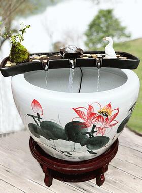 流水造景摆件招财流水生财循环水陶瓷鱼缸循环过滤增氧石槽微景观
