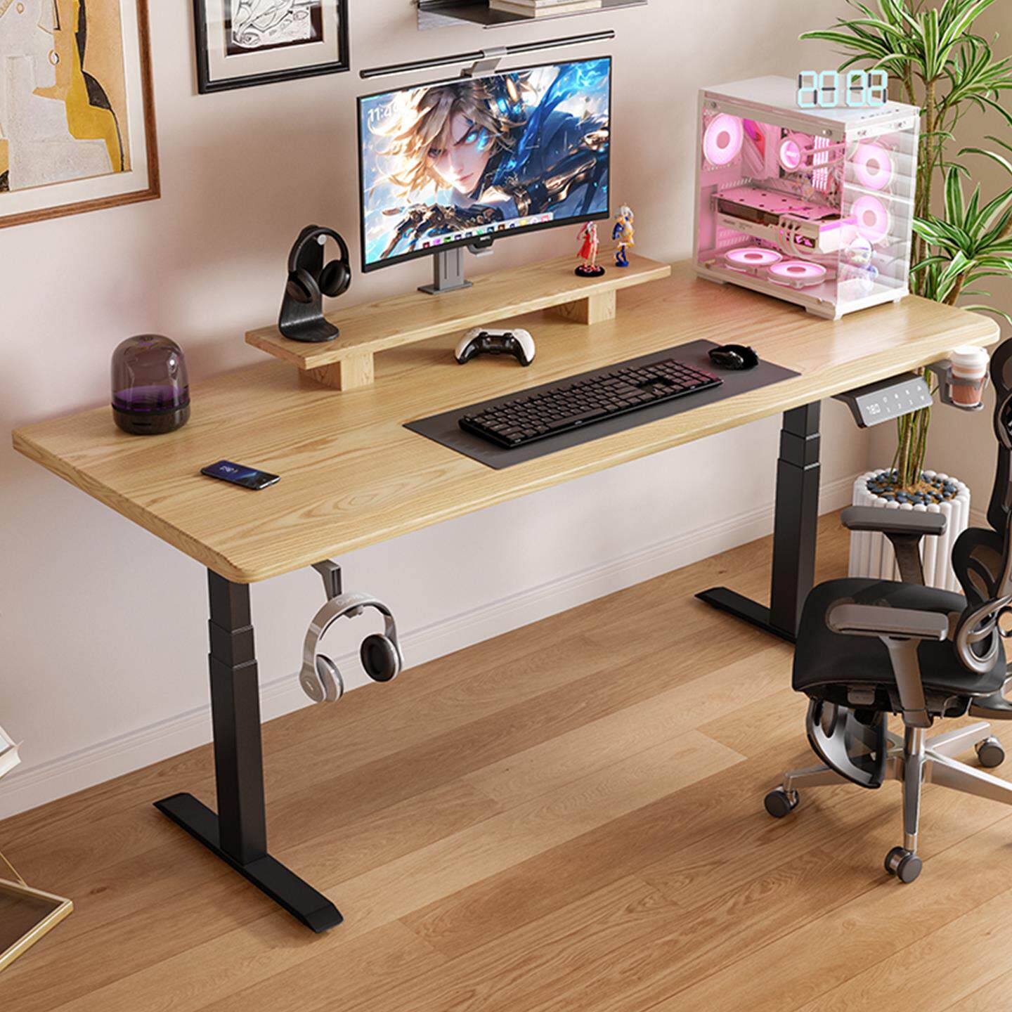 北美白蜡木智能升降桌台式家用可移动办公桌实木电动升降电脑桌