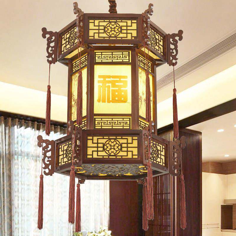 中式覆古实木古典宫灯长廊茶楼饭店祠堂红灯笼羊皮灯六角门口吊灯