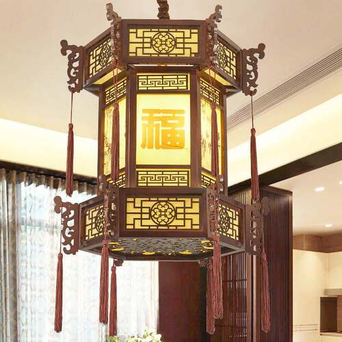 中式覆古实木古典宫灯长廊茶楼饭店祠堂红灯笼羊皮灯六角门口吊灯