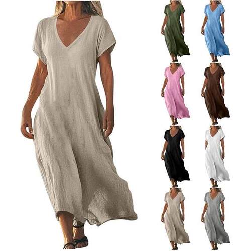 2026 New Women's Solid Color V-Neck Cotton Linen Dress |