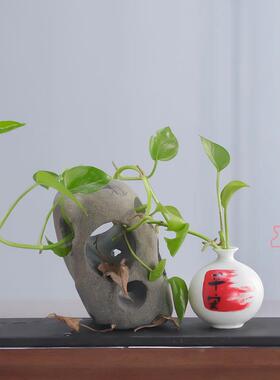 好石寨 诧寂风石头花器 乌金石 禅意桌面装饰 茶艺创意花插器绿宠