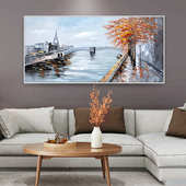 北欧客厅装 风景挂画小桥湖畔手绘油画文艺 饰画沙发背景墙横版