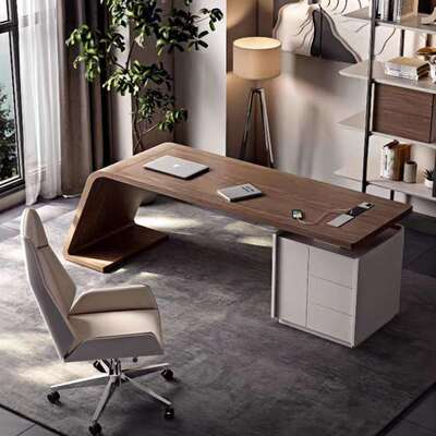 书桌中古奶油风轻奢胡桃色实木客厅设计师转角办公桌老板桌电脑桌