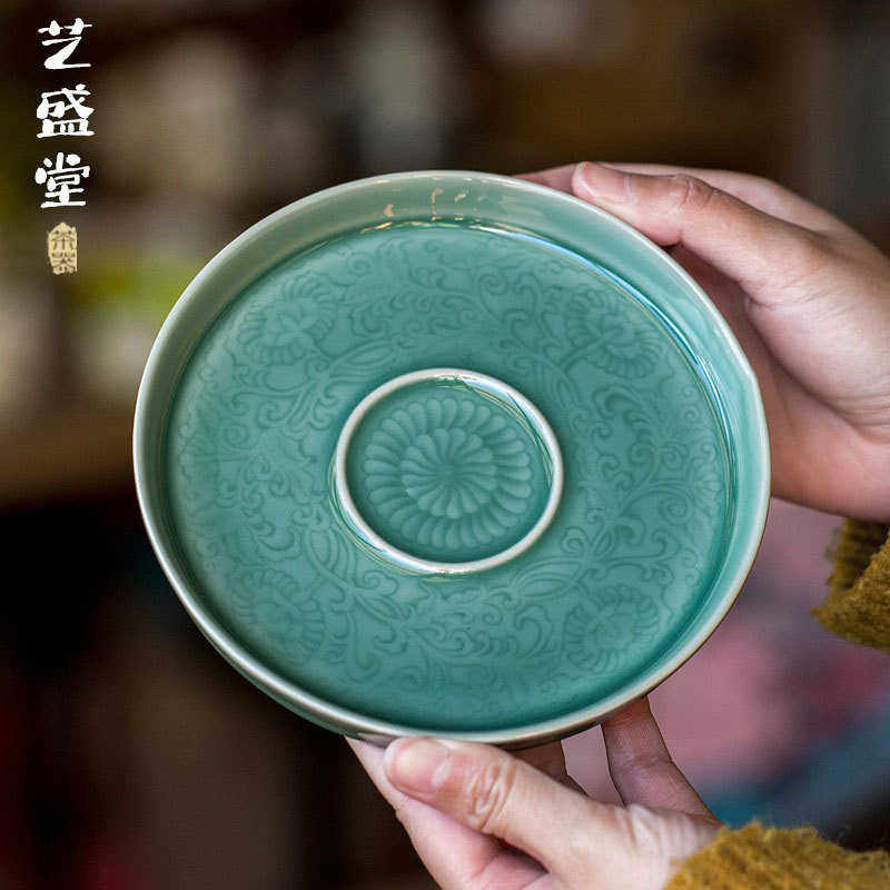 艺盛堂 越窑青瓷浮雕缠枝莲壶承家用干泡盘中式 陶瓷盖碗茶壶托盘