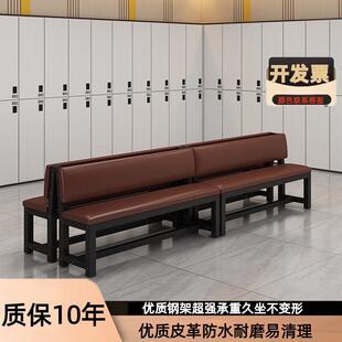 软包长条椅健身房休息区靠墙长条凳沙发带靠背长椅子理发店等候椅