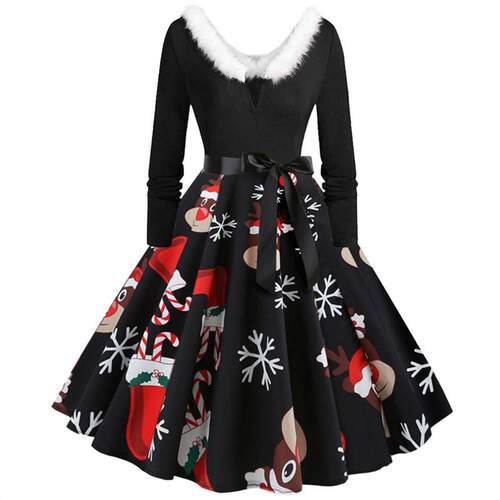 Hot Christmas long sleeve printed panel party dress连衣裙子