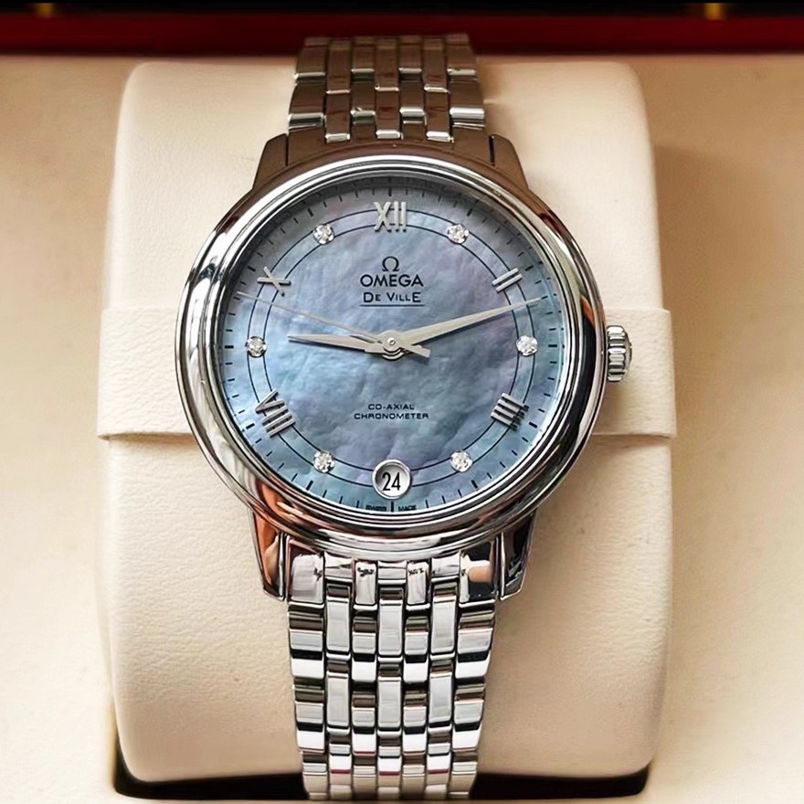 9.8新欧米茄碟飞蓝色贝母盘手表自动机械女表424.10.33.20.55.004