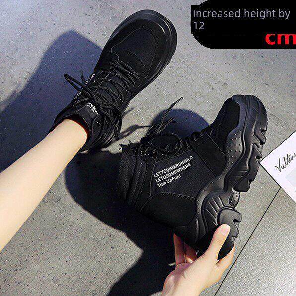 小个厚底短靴内增高12厘米真皮裸靴米色及踝靴短筒马丁靴高帮鞋女