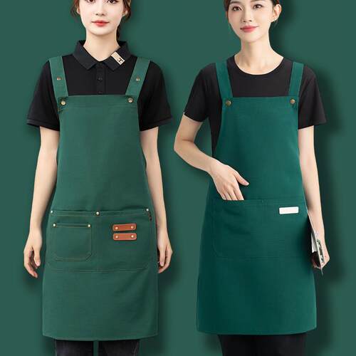 帆布围裙定制logo餐饮专用咖啡师饭店厨房工作服男女订制印字墨绿
