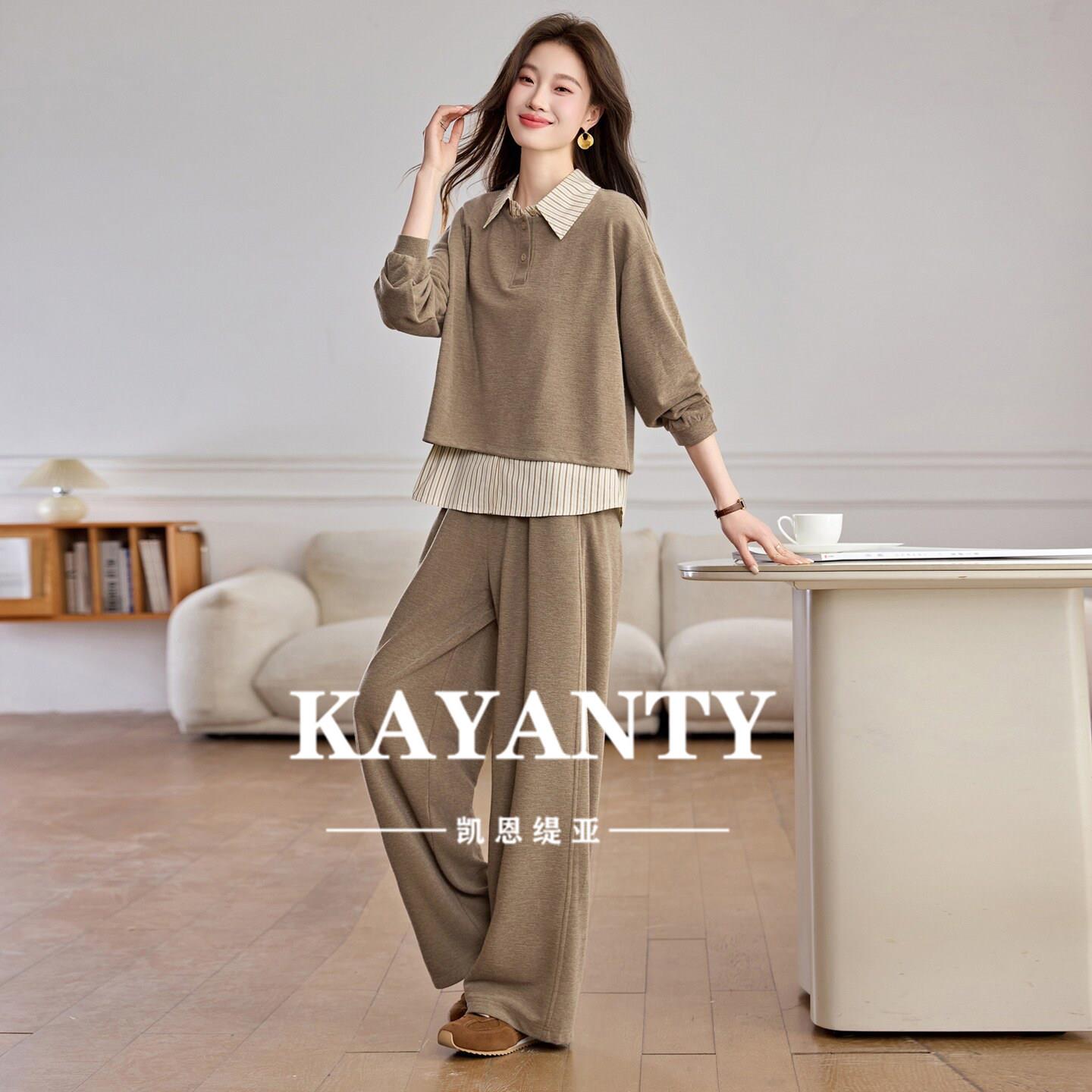KAYANTY休闲套装女2026春新款翻领无袖衬衫圆领卫衣阔腿裤三件套