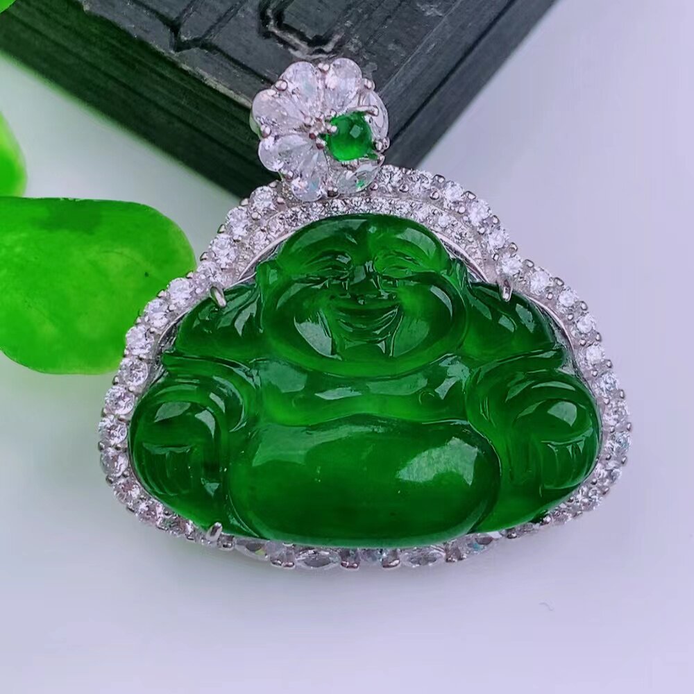 天然真品翡翠正品 冰水润细腻冰阳绿阳色满色精雕佛公吊坠 7.73g